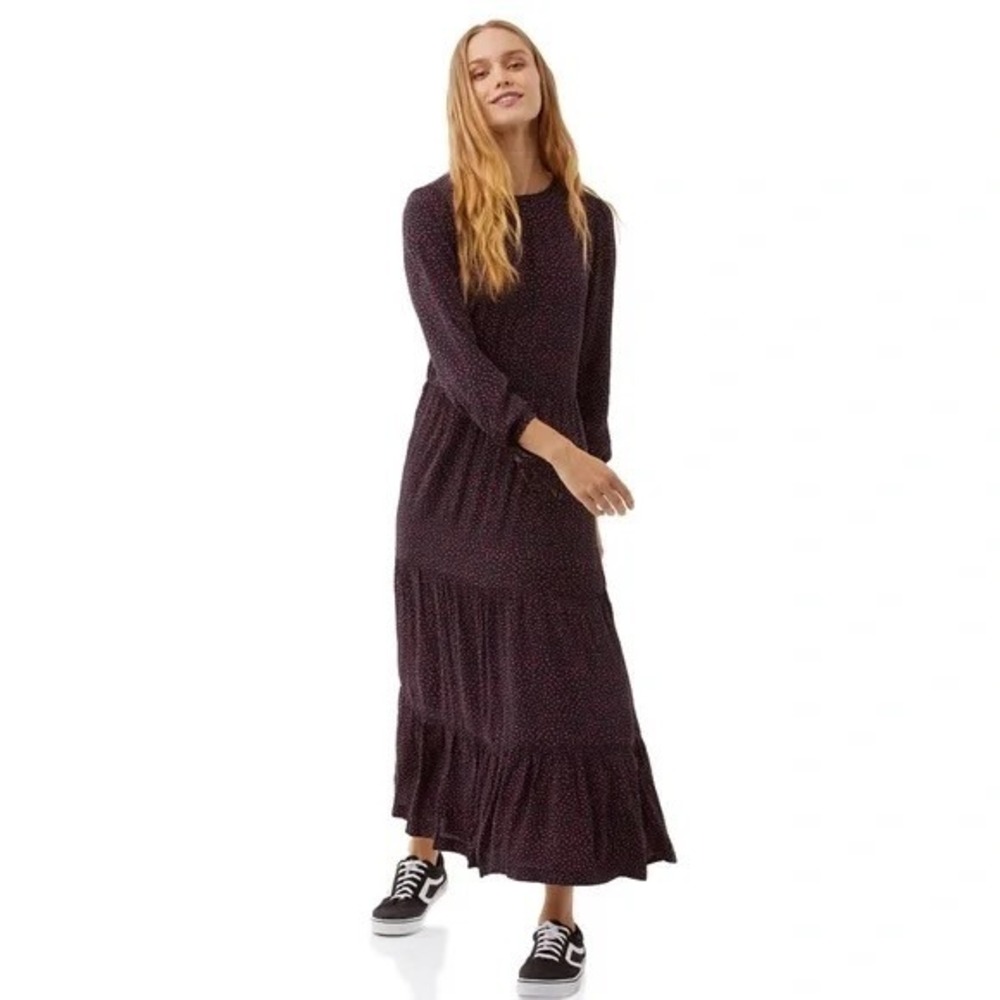 Free Assembly XS Navy Red Dot Long Sleeve Maxi Dress Tiered‎ Boho NWT